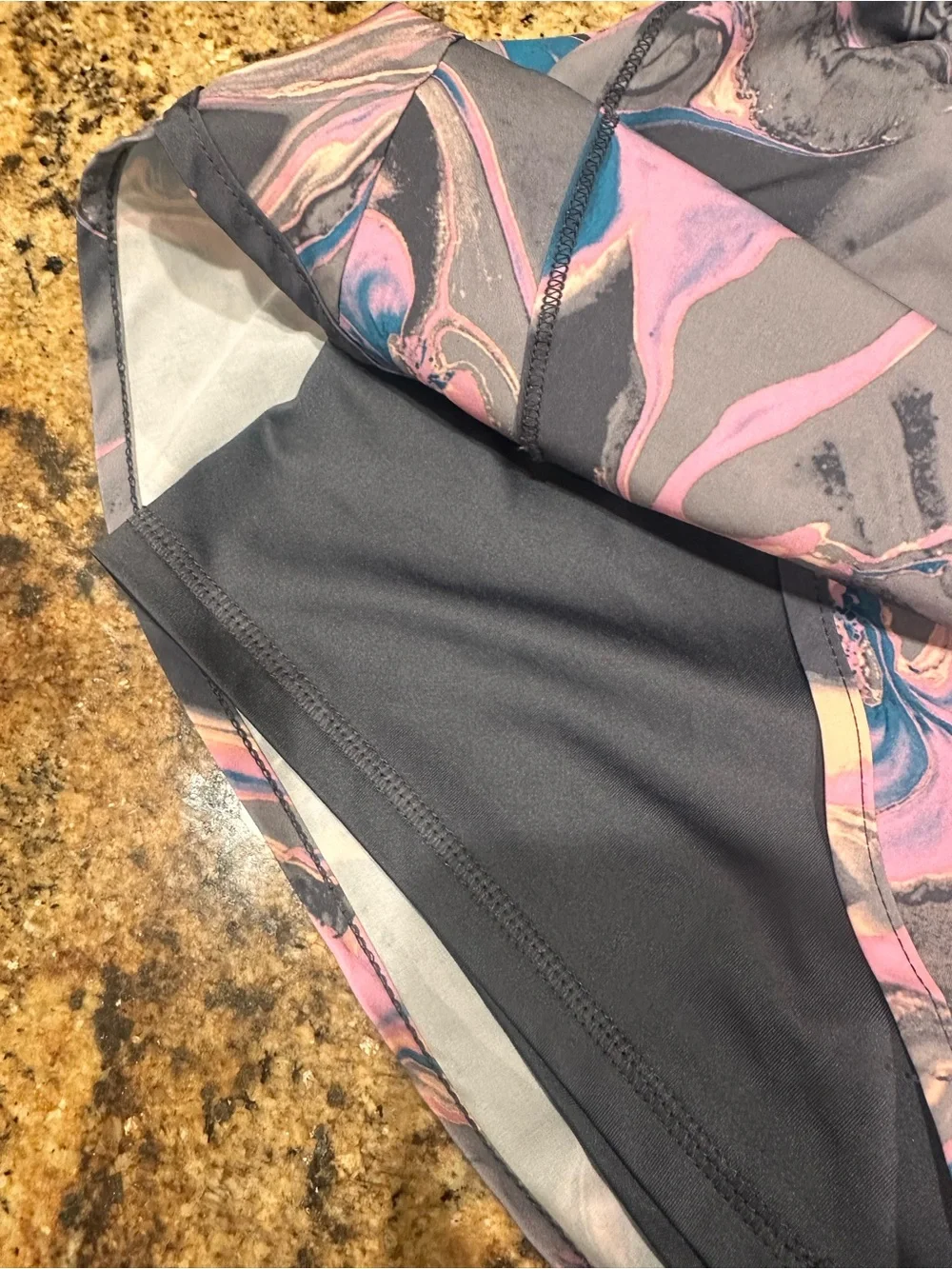 Avia Women’s Marble-Print Athletic Shorts in Gray with Pink & Blue Swirls
